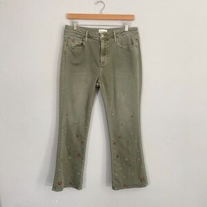 Driftwood Tweddle Dum Roxy Cropped Jeans Women Size 30 Olive Green Embroidered